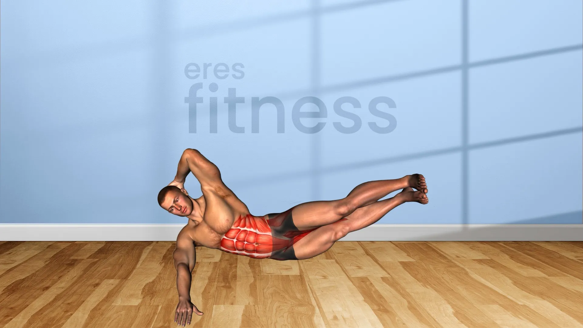 Crunch de oblicuos en el suelo con piernas extendidas